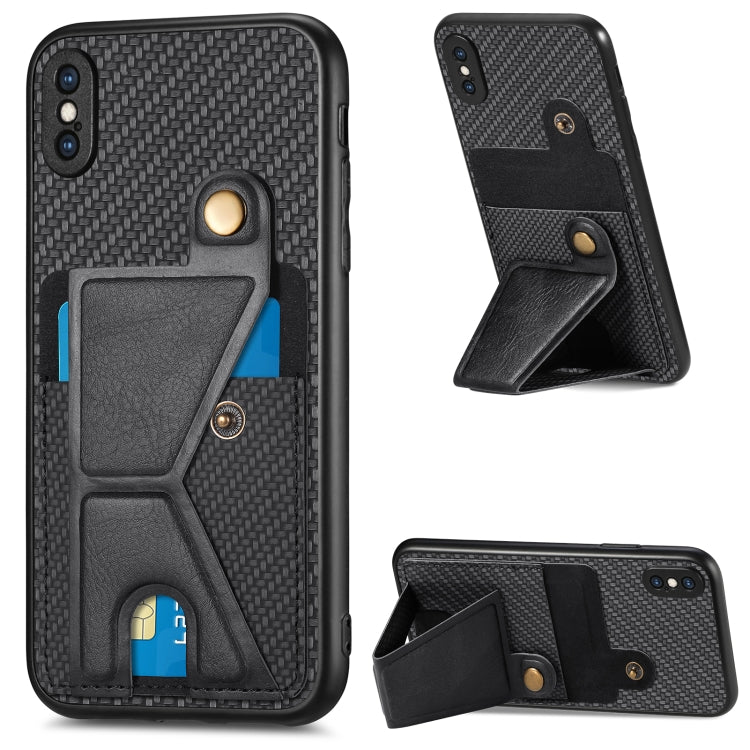 Portafoglio in fibra di carbonio Flip Card Custodia per telefono con supporto a forma di K, For iPhone X / XS, For iPhone XR, For iPhone XS Max, For iPhone 11