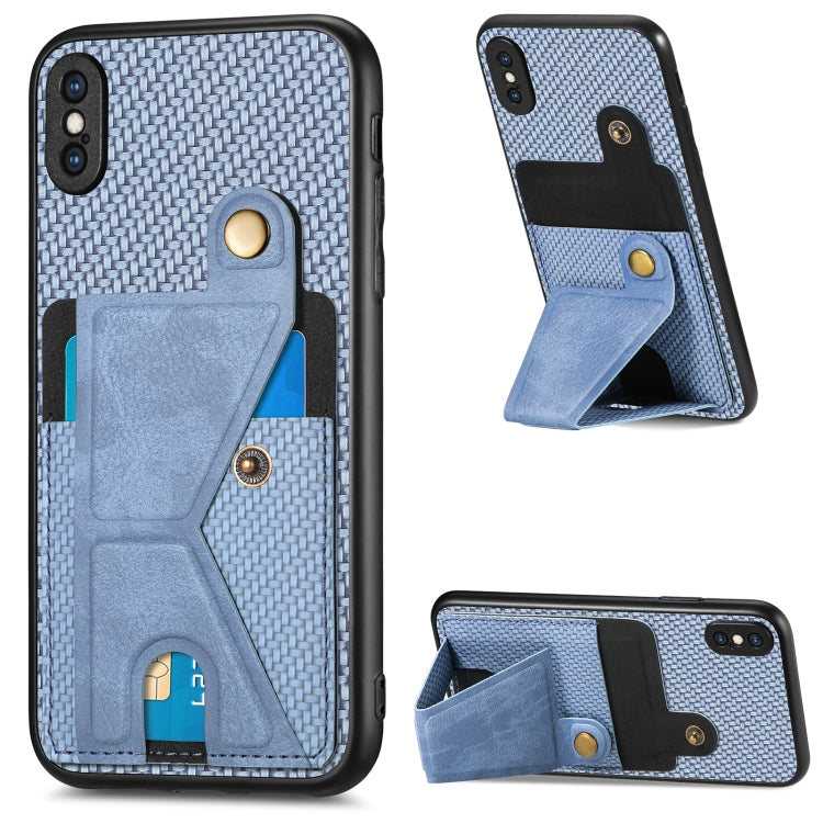 Portafoglio in fibra di carbonio Flip Card Custodia per telefono con supporto a forma di K, For iPhone X / XS, For iPhone XR, For iPhone XS Max, For iPhone 11