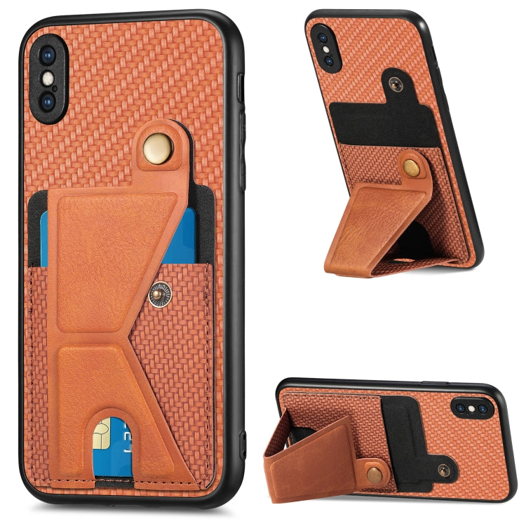 Portafoglio in fibra di carbonio Flip Card Custodia per telefono con supporto a forma di K, For iPhone X / XS, For iPhone XR, For iPhone XS Max, For iPhone 11