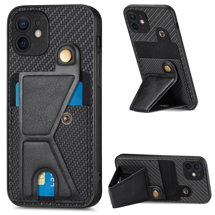 Portafoglio in fibra di carbonio Flip Card Custodia per telefono con supporto a forma di K, For iPhone 11 Pro, For iPhone 11 Pro Max, For iPhone 12 mini, For iPhone 12