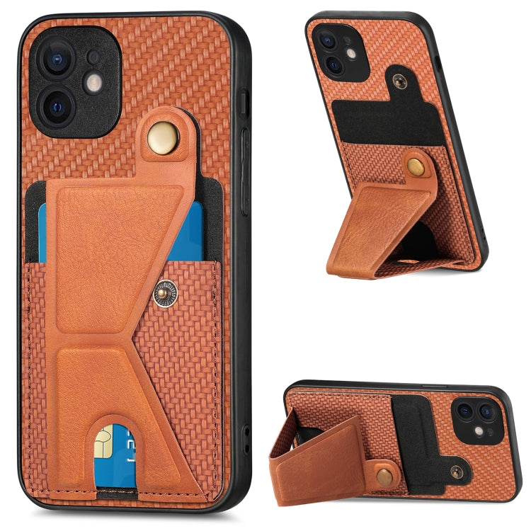 Portafoglio in fibra di carbonio Flip Card Custodia per telefono con supporto a forma di K, For iPhone 11 Pro, For iPhone 11 Pro Max, For iPhone 12 mini, For iPhone 12