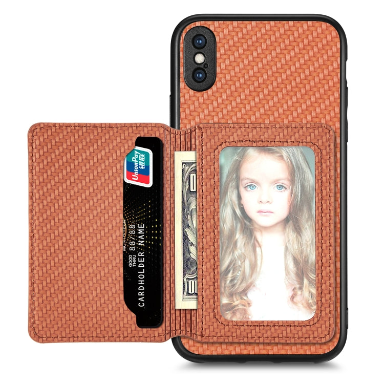 Custodia per telefono con borsa per carte magnetiche in fibra di carbonio, For iPhone XR, For iPhone XS Max, For iPhone SE 2022 / 2020 / 7 / 8, For iPhone 7 Plus / 8 Plus
