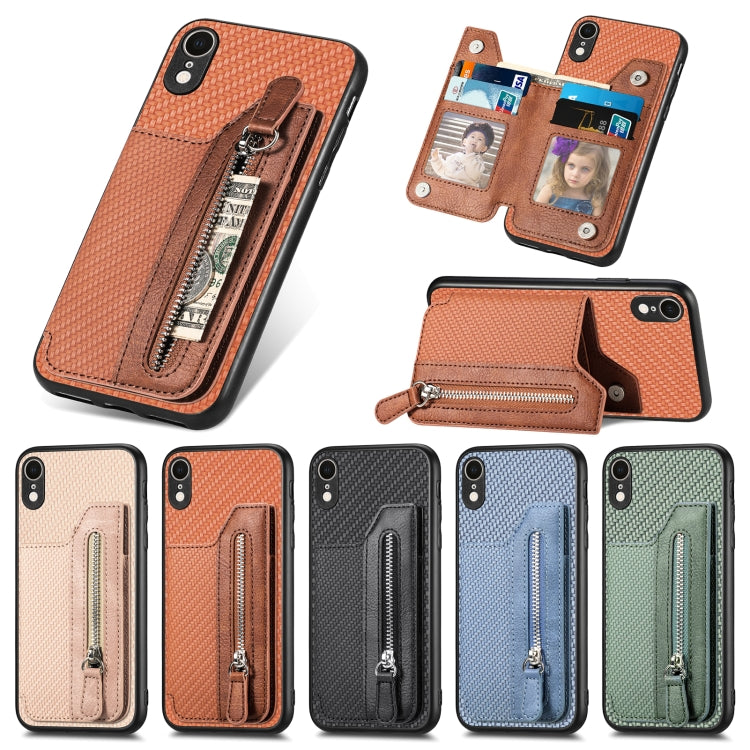 Custodia per cellulare a portafoglio con cerniera orizzontale in fibra di carbonio, For iPhone XR, For iPhone XS Max, For iPhone SE 2022 / 2020 / 7 / 8, For iPhone 7 Plus / 8 Plus