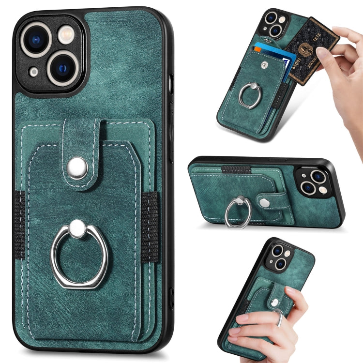 Retro cassa del telefono del raccoglitore della carta dell'anello di pelle-tatto, For iPhone 14, For iPhone 14 Plus, For iPhone 14 Pro, For iPhone 14 Pro Max