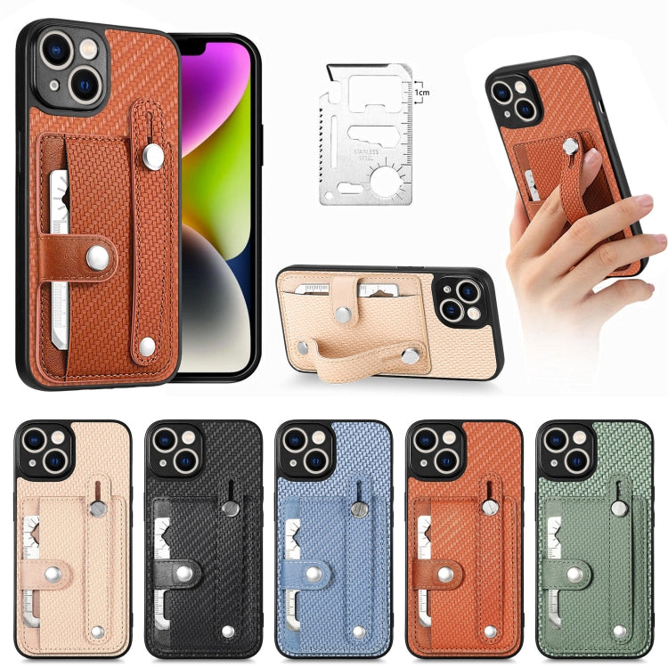 Cassa del telefono della copertura posteriore del raccoglitore della carta del cavalletto del braccialetto con il coltello dell'attrezzo, For iPhone 14, For iPhone 14 Pro, For iPhone 14 Plus, For iPhone 14 Pro Max