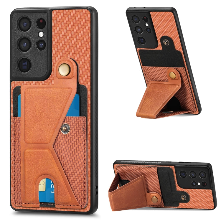 Portafoglio in fibra di carbonio Flip Card Custodia per telefono con supporto a forma di K, For Samsung Galaxy S21+ 5G, For Samsung Galaxy S21 Ultra 5G, For Samsung Galaxy S20 FE, For Samsung Galaxy A50