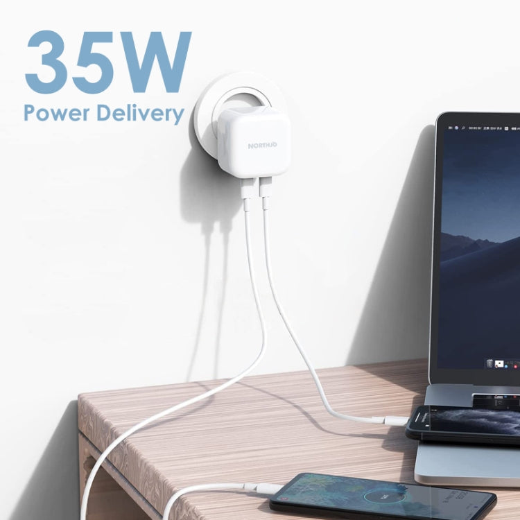 NORTHJO NOGAN3502 GaN PD PPS 35W Dual USB-C/Type-C Caricatore rapido da parete, EU Plug, UK Plug