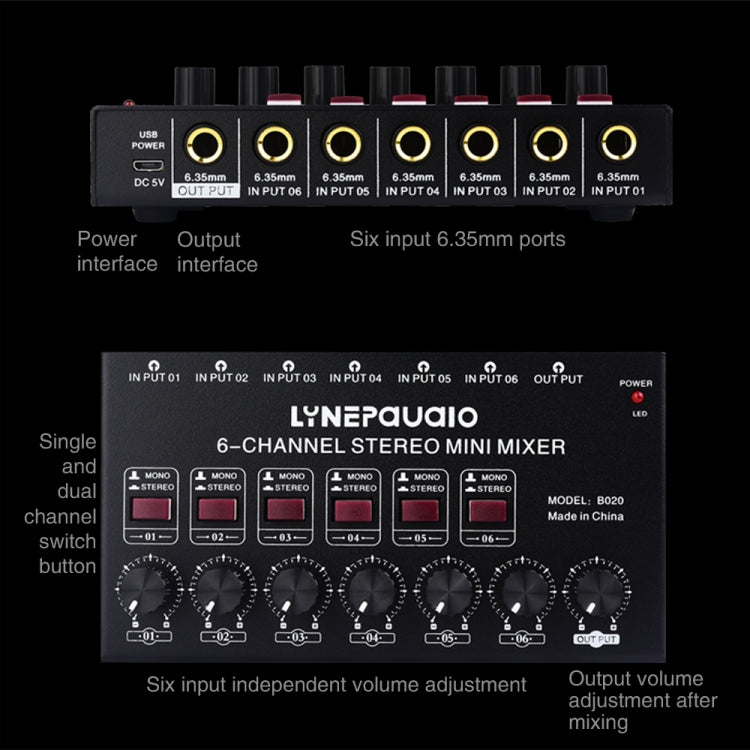 Mini mixer audio stereo a 6 canali Mixer per strumenti musicali Mixer per batteria per pianoforte elettronico per chitarra elettrica a fiato elettrico, B020