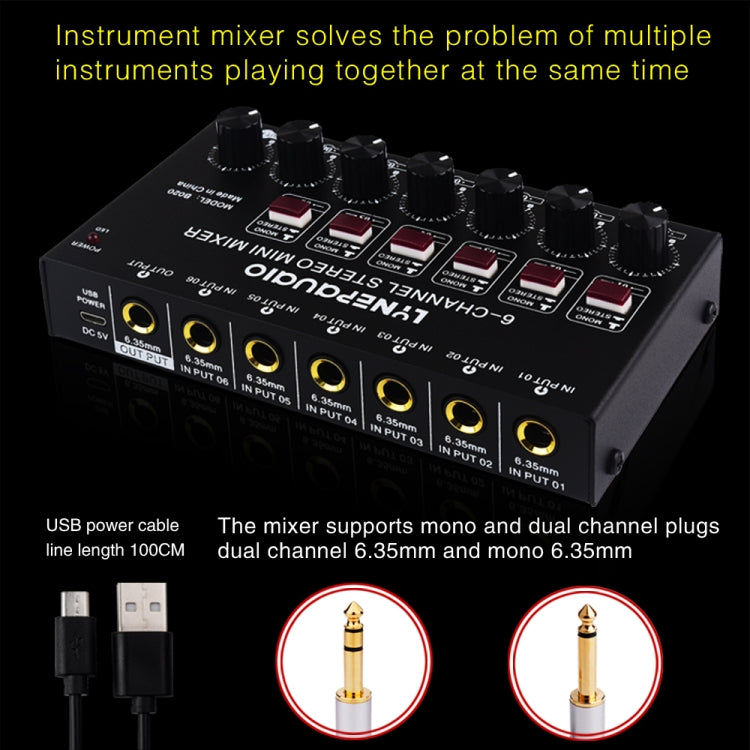 Mini mixer audio stereo a 6 canali Mixer per strumenti musicali Mixer per batteria per pianoforte elettronico per chitarra elettrica a fiato elettrico, B020