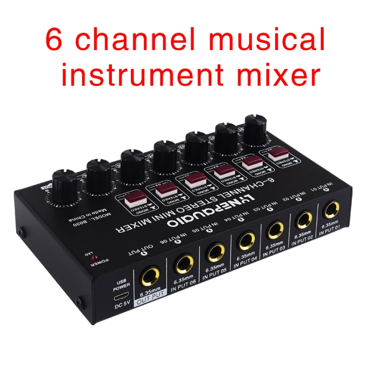 Mini mixer audio stereo a 6 canali Mixer per strumenti musicali Mixer per batteria per pianoforte elettronico per chitarra elettrica a fiato elettrico, B020