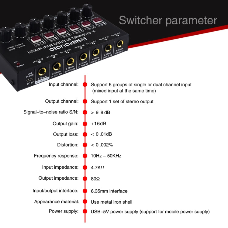 Mini mixer audio stereo a 6 canali Mixer per strumenti musicali Mixer per batteria per pianoforte elettronico per chitarra elettrica a fiato elettrico, B020