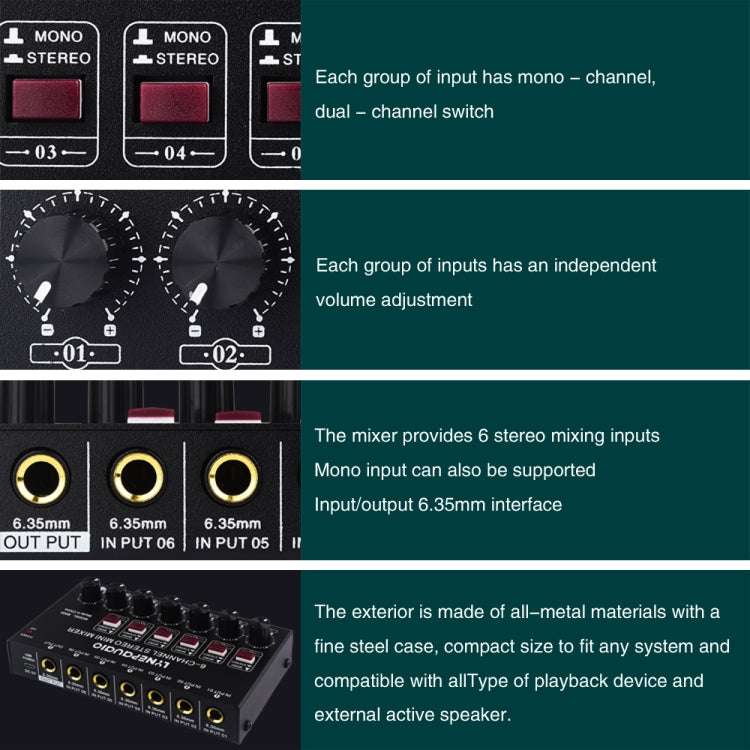 Mini mixer audio stereo 6 canali per strumenti musicali