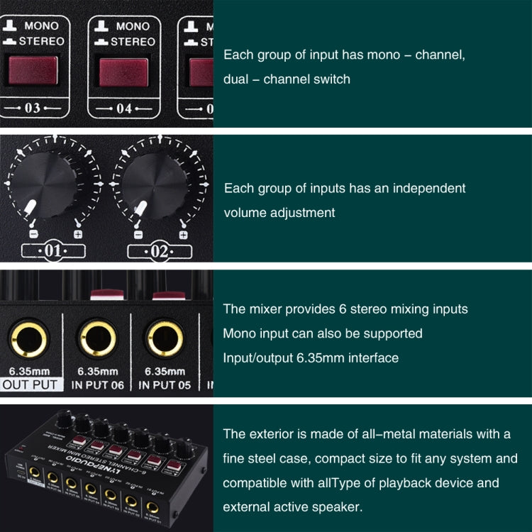 Mini mixer audio stereo a 6 canali Mixer per strumenti musicali Mixer per batteria per pianoforte elettronico per chitarra elettrica a fiato elettrico, B020