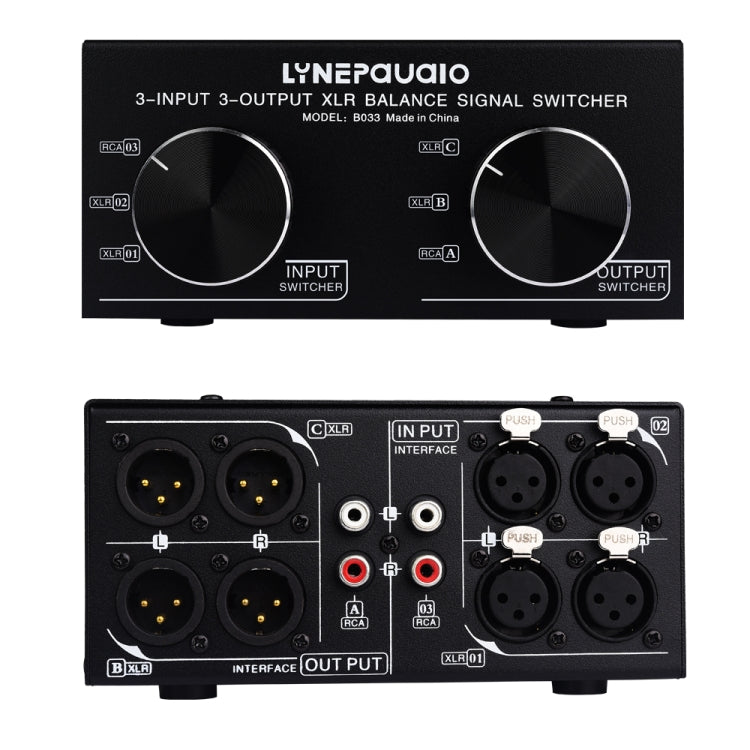 Passive stereo selector with fully balanced XLR signal from 3 inputs to 3 outputs, B033