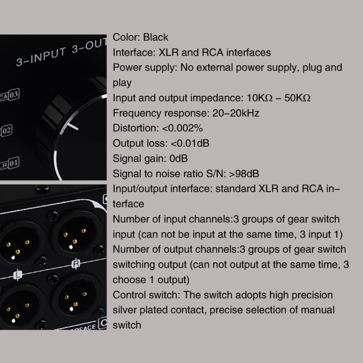 Passive stereo selector with fully balanced XLR signal from 3 inputs to 3 outputs, B033