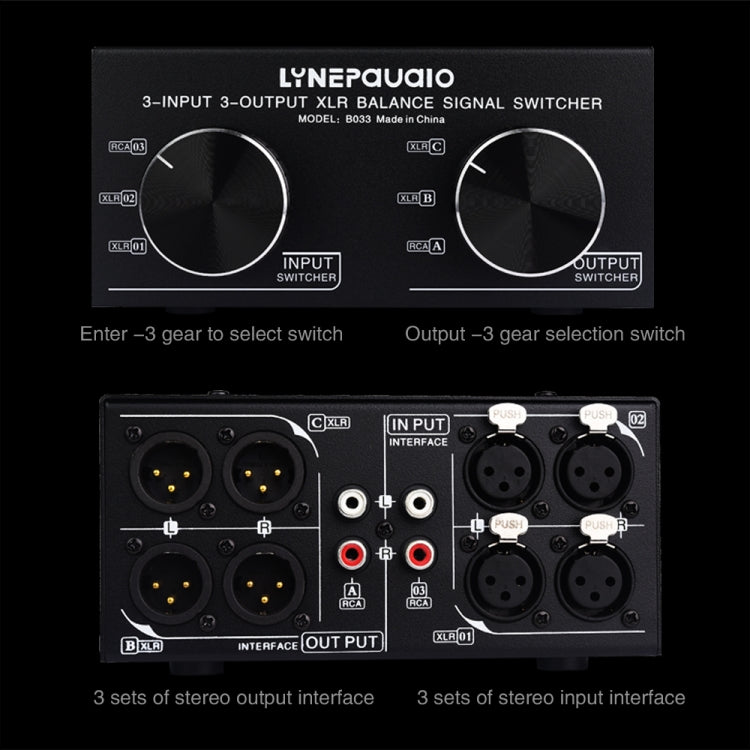 Passive stereo selector with fully balanced XLR signal from 3 inputs to 3 outputs, B033