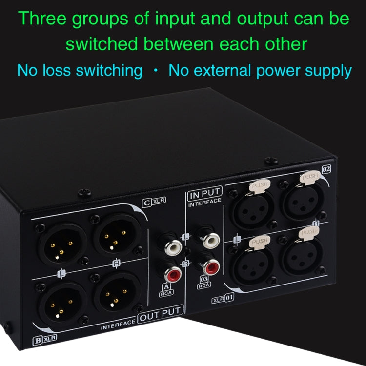 Passive stereo selector with fully balanced XLR signal from 3 inputs to 3 outputs, B033