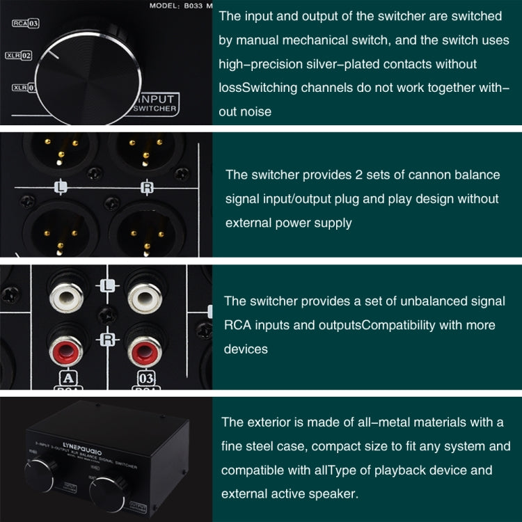 Selettore stereo passivo con segnale XLR completamente bilanciato da 3 ingressi a 3 uscite, B033