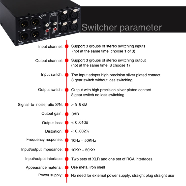 Passive stereo selector with fully balanced XLR signal from 3 inputs to 3 outputs, B033