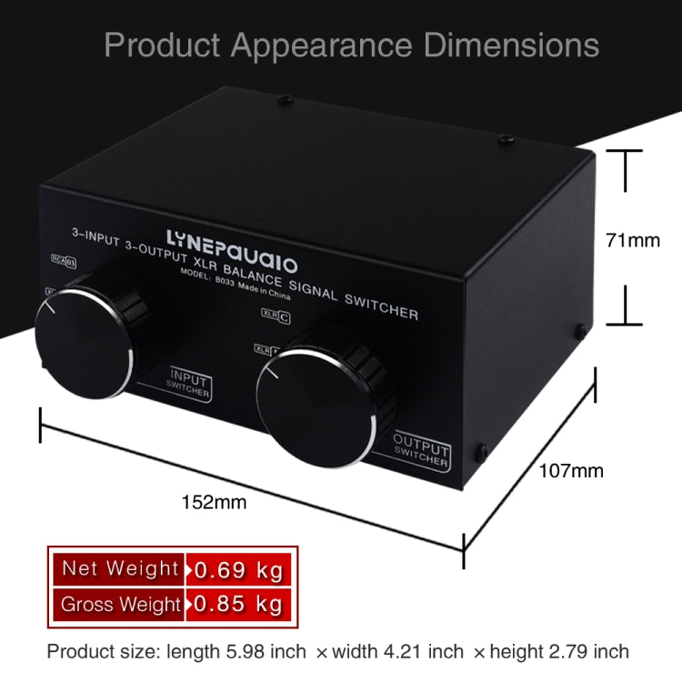 Passive stereo selector with fully balanced XLR signal from 3 inputs to 3 outputs, B033