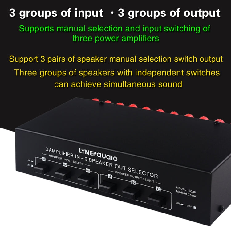 3 Input 3 Output Amplificatore di potenza e commutatore per altoparlanti Comparatore per splitter per altoparlanti, B036