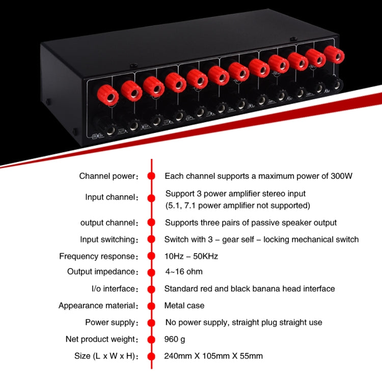 3 Input 3 Output Amplificatore di potenza e commutatore per altoparlanti Comparatore per splitter per altoparlanti, B036