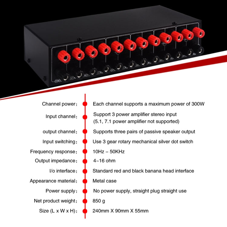 Amplificatore di potenza a 3 ingressi e 3 uscite e commutatore di altoparlanti Comparatore di splitter per interruttori di altoparlanti 300 W per canale senza perdita di qualità del suono, B037