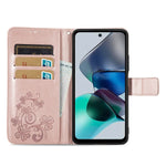 Custodia per telefono in pelle con fibbia in rilievo con chiusura a quattro foglie, For Motorola Moto G23, For OnePlus 11, For OPPO Reno8 T 4G, For Realme GT Neo 5