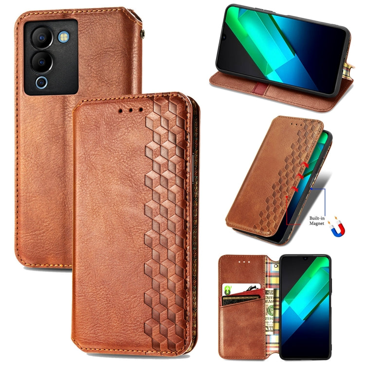 Custodia per telefono in pelle magnetica pressata a griglia cubica, For Infinix Note 12 G96, For Kyocera Android One S10, For OnePlus Ace 2, For Realme C55