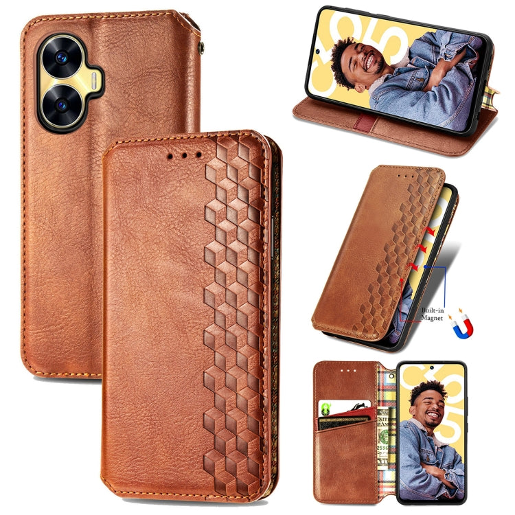 Custodia per telefono in pelle magnetica pressata a griglia cubica, For Infinix Note 12 G96, For Kyocera Android One S10, For OnePlus Ace 2, For Realme C55