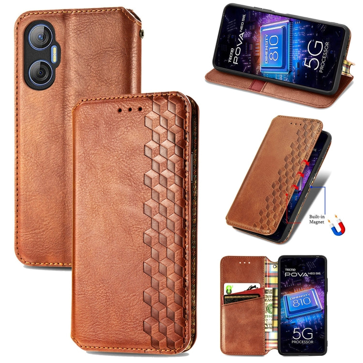Custodia per telefono in pelle magnetica pressata a griglia cubica, For Tecno Pova Neo 5G, For vivo S15e, For ZTE Blade A52, For Samsung Galaxy A14 4G