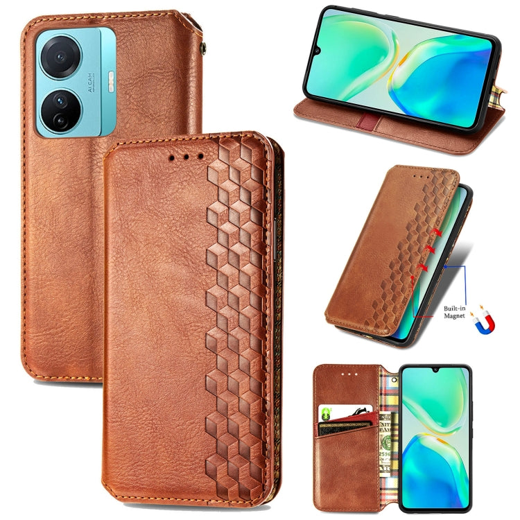 Custodia per telefono in pelle magnetica pressata a griglia cubica, For Tecno Pova Neo 5G, For vivo S15e, For ZTE Blade A52, For Samsung Galaxy A14 4G