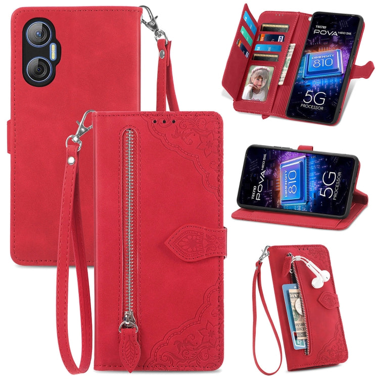 Custodia per telefono in pelle con cerniera fiore in rilievo, For Infinix Note 12 G96, For OnePlus Ace 2, For Tecno Pova Neo 5G, For vivo S15e
