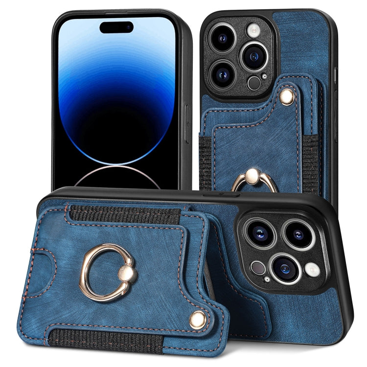 Cassa del telefono del raccoglitore della multi-carta dell'anello di retro pelle-feel, For iPhone 14, For iPhone 14 Pro, For iPhone 14 Plus, For iPhone 14 Pro Max