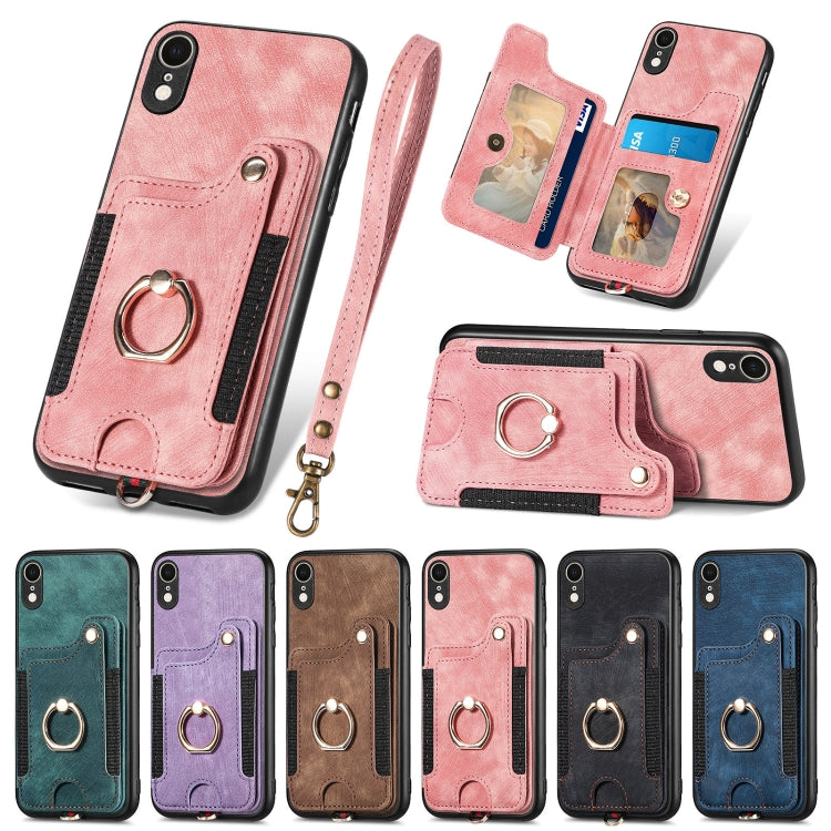Cassa del telefono del raccoglitore della multi-carta dell'anello di retro pelle-feel, For iPhone XR, For iPhone XS Max, For iPhone SE 2022 / SE 2020, For iPhone 7 Plus / 8 Plus
