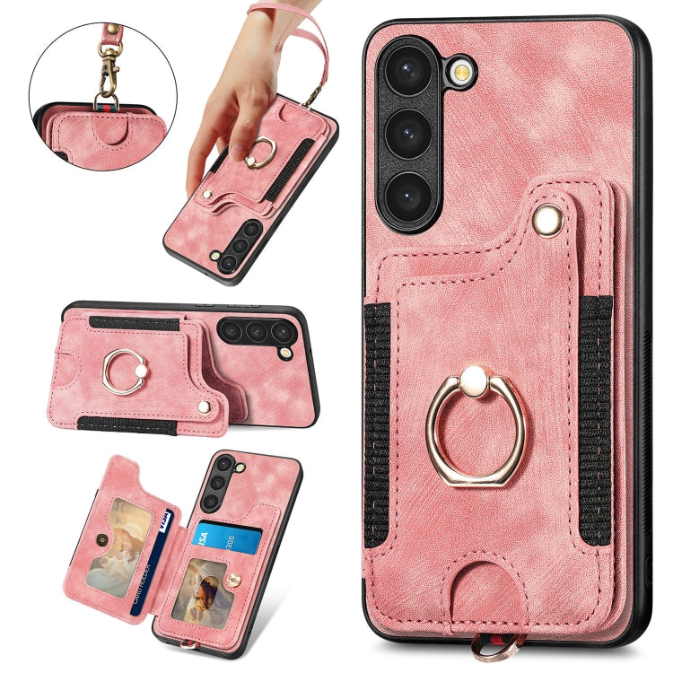 Cassa del telefono del raccoglitore della multi-carta dell'anello di retro pelle-feel, For Samsung Galaxy S23+ 5G, For Samsung Galaxy S23 Ultra 5G, For Samsung Galaxy S22+ 5G, For Samsung Galaxy S22 Ultra 5G