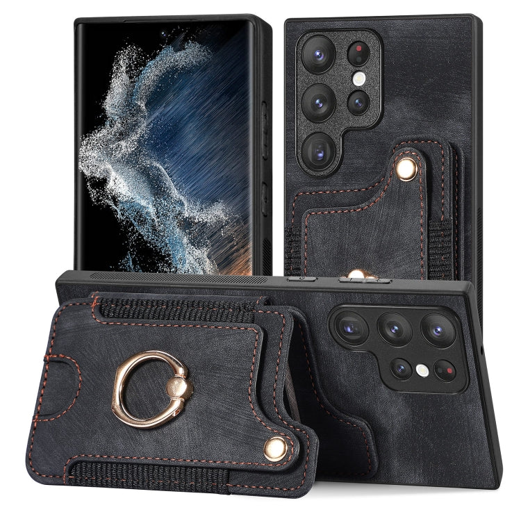 Cassa del telefono del raccoglitore della multi-carta dell'anello di retro pelle-feel, For Samsung Galaxy S23+ 5G, For Samsung Galaxy S23 Ultra 5G, For Samsung Galaxy S22+ 5G, For Samsung Galaxy S22 Ultra 5G