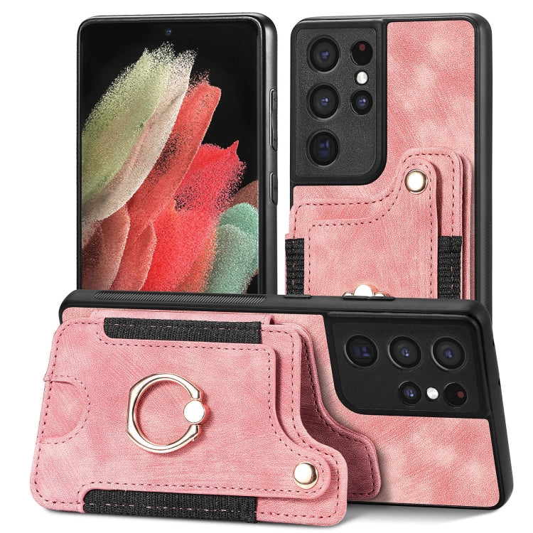 Cassa del telefono del raccoglitore della multi-carta dell'anello di retro pelle-feel, For Samsung Galaxy S21 5G, For Samsung Galaxy S21+ 5G, For Samsung Galaxy S21 Ultra 5G, For Samsung Galaxy S21 FE 5G