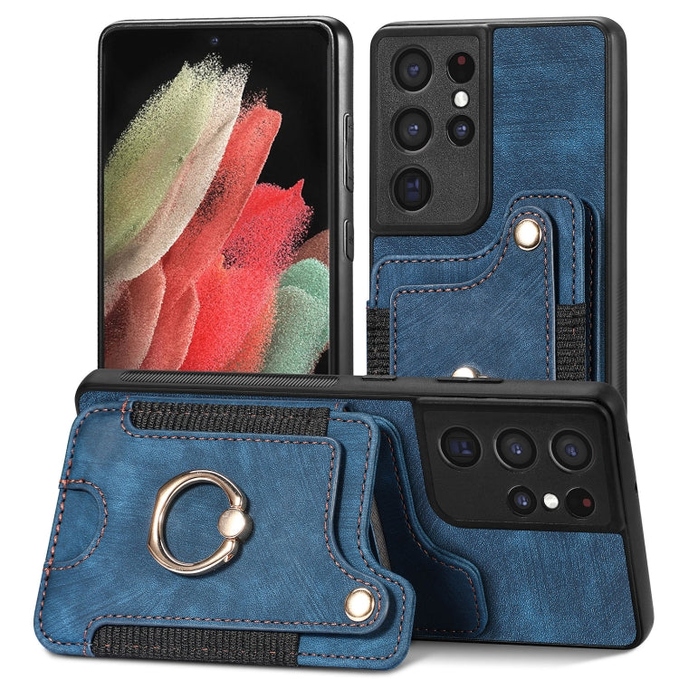 Cassa del telefono del raccoglitore della multi-carta dell'anello di retro pelle-feel, For Samsung Galaxy S21 5G, For Samsung Galaxy S21+ 5G, For Samsung Galaxy S21 Ultra 5G, For Samsung Galaxy S21 FE 5G