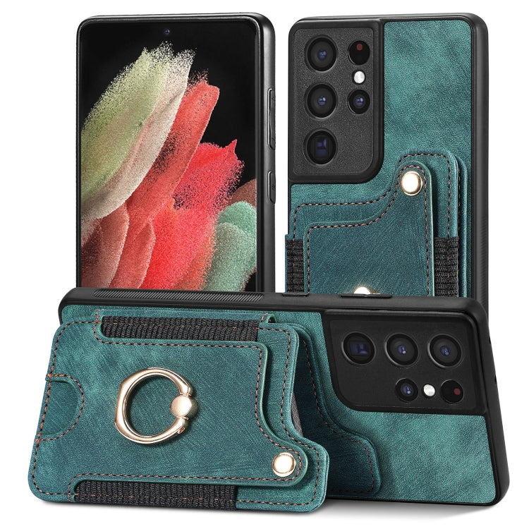 Cassa del telefono del raccoglitore della multi-carta dell'anello di retro pelle-feel, For Samsung Galaxy S21 5G, For Samsung Galaxy S21+ 5G, For Samsung Galaxy S21 Ultra 5G, For Samsung Galaxy S21 FE 5G