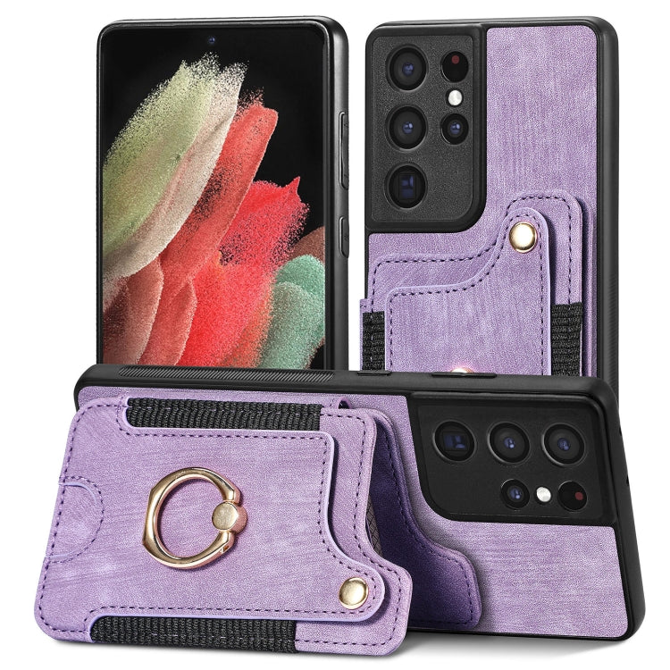 Cassa del telefono del raccoglitore della multi-carta dell'anello di retro pelle-feel, For Samsung Galaxy S21 5G, For Samsung Galaxy S21+ 5G, For Samsung Galaxy S21 Ultra 5G, For Samsung Galaxy S21 FE 5G