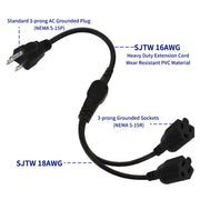 JUNSUNMAY US 1.6FT NEMA 5-15P Presa da 1 a 2 vie NEMA 5-15R SJT 16AWG Prolunga per cavo di alimentazione a 3 poli