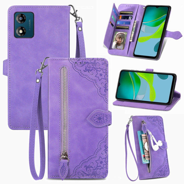 Custodia per telefono in pelle con cerniera fiore in rilievo, For Motorola Moto E13, For Motorola Moto G23, For OnePlus Nord CE 3 Lite, For OPPO Find X6 Pro