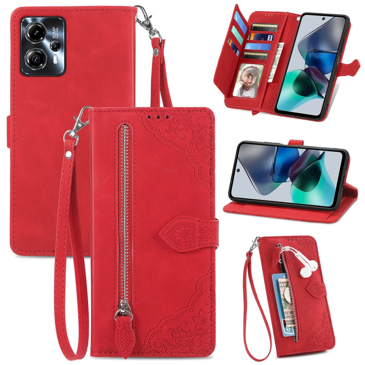 Custodia per telefono in pelle con cerniera fiore in rilievo, For Motorola Moto E13, For Motorola Moto G23, For OnePlus Nord CE 3 Lite, For OPPO Find X6 Pro