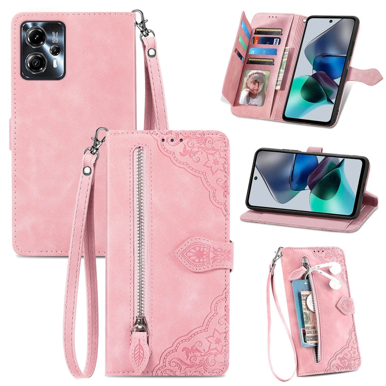 Custodia per telefono in pelle con cerniera fiore in rilievo, For Motorola Moto E13, For Motorola Moto G23, For OnePlus Nord CE 3 Lite, For OPPO Find X6 Pro