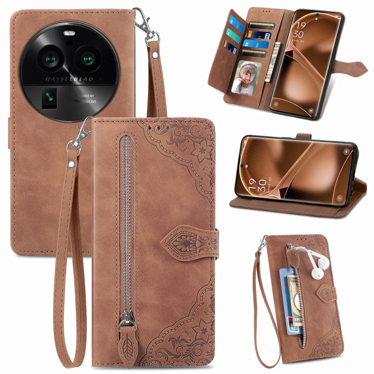 Custodia per telefono in pelle con cerniera fiore in rilievo, For Motorola Moto E13, For Motorola Moto G23, For OnePlus Nord CE 3 Lite, For OPPO Find X6 Pro