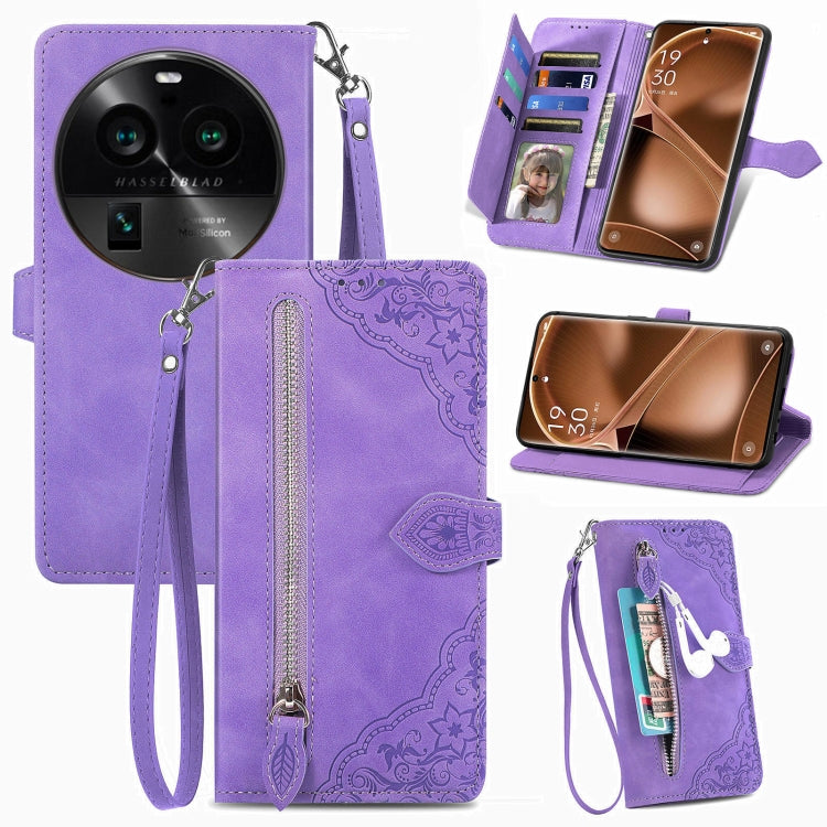 Custodia per telefono in pelle con cerniera fiore in rilievo, For Motorola Moto E13, For Motorola Moto G23, For OnePlus Nord CE 3 Lite, For OPPO Find X6 Pro