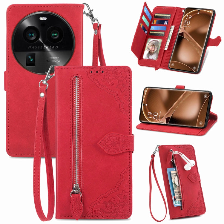 Custodia per telefono in pelle con cerniera fiore in rilievo, For Motorola Moto E13, For Motorola Moto G23, For OnePlus Nord CE 3 Lite, For OPPO Find X6 Pro
