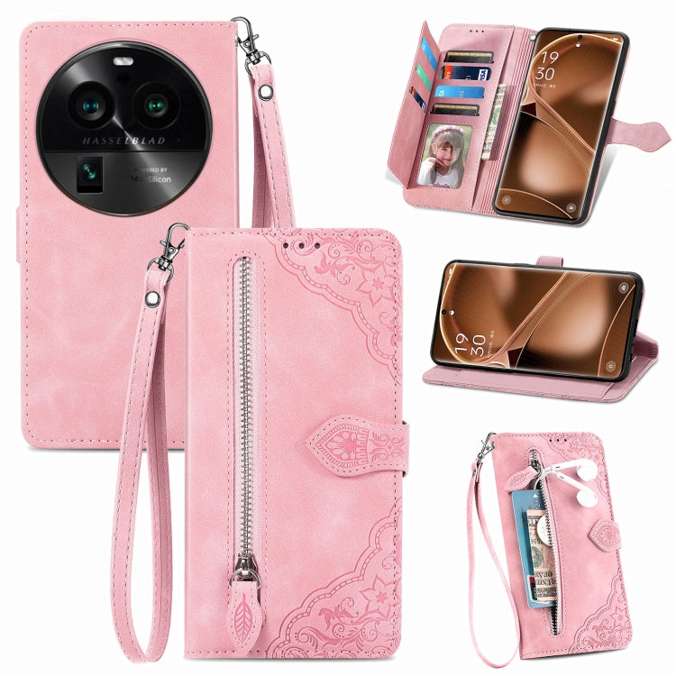 Custodia per telefono in pelle con cerniera fiore in rilievo, For Motorola Moto E13, For Motorola Moto G23, For OnePlus Nord CE 3 Lite, For OPPO Find X6 Pro