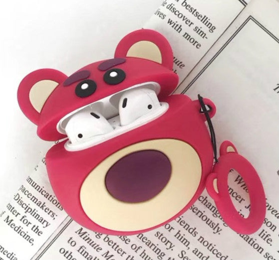 Custodia protettiva per Airpods Red Bear Scatola portaoggetti per auricolari Bluetooth Borsa antigoccia con corda ad anello in silicone